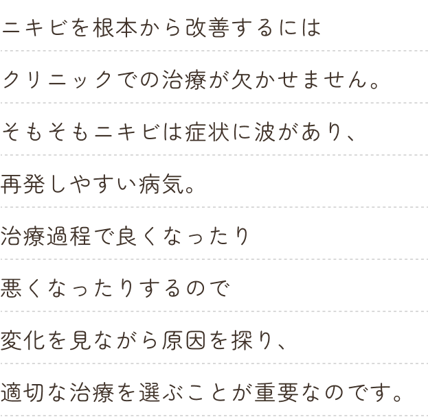 ニキビを根本から改善するにはクリニックでの治療が欠かせません。