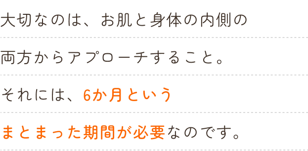 大切なのは、お肌と身体の内側の両方からアプローチすること。それには、6か月というまとまった期間が必要なのです。