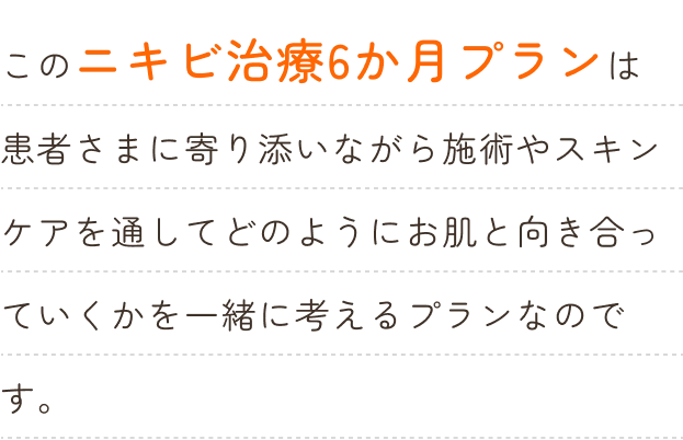 このニキビ治療6か月プランは患者さまに寄り添いながら施術やスキンケアを通してどのようにお肌と向き合っていくかを一緒に考えるプランなのです。