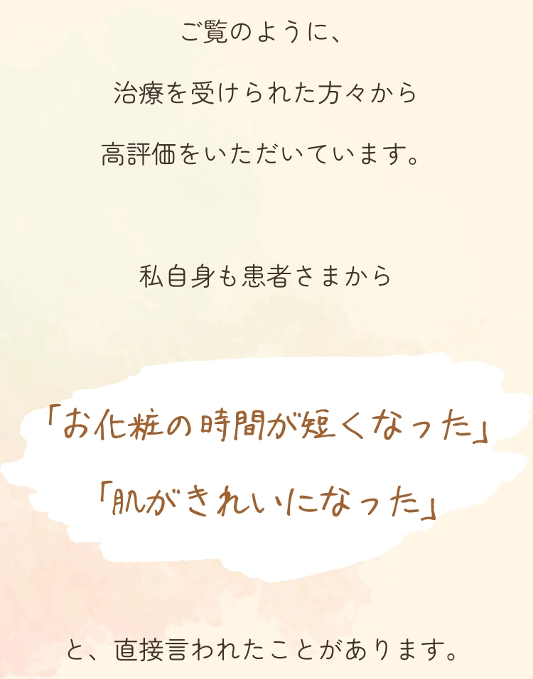 ご覧のように、治療を受けられた方々から高評価をいただいています。